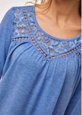 Lace Stitching Blue Round Neck T Shirt