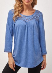 Lace Stitching Blue Round Neck T Shirt