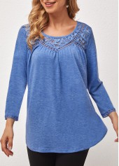 Lace Stitching Blue Round Neck T Shirt