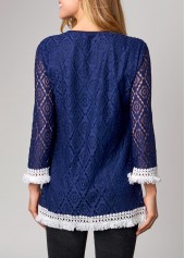 Lace Tassel Navy Blue 3/4 Sleeve T Shirt