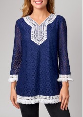 Lace Tassel Navy Blue 3/4 Sleeve T Shirt