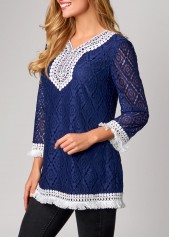Lace Tassel Navy Blue 3/4 Sleeve T Shirt