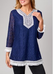 Lace Tassel Navy Blue 3/4 Sleeve T Shirt