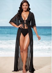Black Tie Front 3/4 Sleeve Sheer Cover Up