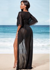Black Tie Front 3/4 Sleeve Sheer Cover Up