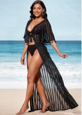 Black Tie Front 3/4 Sleeve Sheer Cover Up