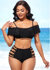 Black Flounce Lace Up Mid Waist Bikini Set