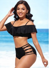 Black Flounce Lace Up Mid Waist Bikini Set