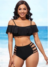Black Flounce Lace Up Mid Waist Bikini Set