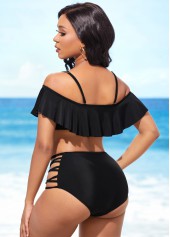 Black Flounce Lace Up Mid Waist Bikini Set