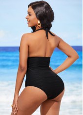 Lace Up Textured Halter Black One Piece Swimwear