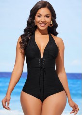 Lace Up Textured Halter Black One Piece Swimwear