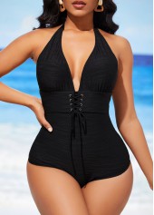 Lace Up Textured Halter Black One Piece Swimwear