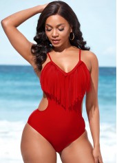 Tassel Spaghetti Strap Red One Piece Swimwear