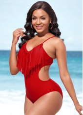 Tassel Spaghetti Strap Red One Piece Swimwear