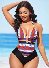 Tie Back Metal Pendant Tribal Print One Piece Swimwear