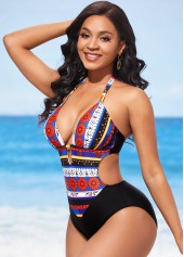 Tie Back Metal Pendant Tribal Print One Piece Swimwear