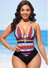 Tie Back Metal Pendant Tribal Print One Piece Swimwear