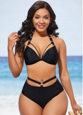 Halter Metal Ring Detail High Waisted Black Bikini Set