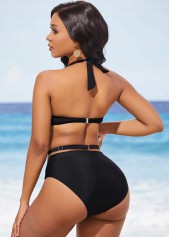 Halter Metal Ring Detail High Waisted Black Bikini Set