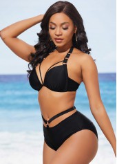 Halter Metal Ring Detail High Waisted Black Bikini Set