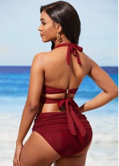 Wine Red Mid Waist Halter Bikini Set
