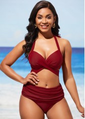 Wine Red Mid Waist Halter Bikini Set