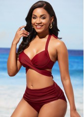 Wine Red Mid Waist Halter Bikini Set