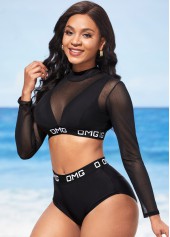 Mesh Stitching Letter Print Black High Waisted Bikini Set