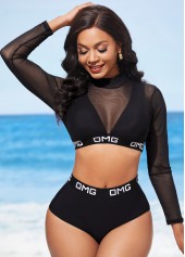 Mesh Stitching Letter Print Black High Waisted Bikini Set