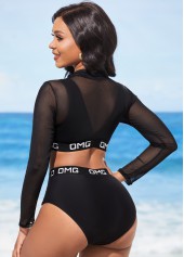 Mesh Stitching Letter Print Black High Waisted Bikini Set