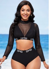 Mesh Stitching Letter Print Black High Waisted Bikini Set