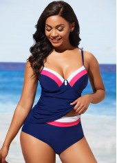 Navy Blue Contrast Stitch Decorative Button Tankini Set