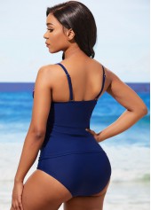 Navy Blue Contrast Stitch Decorative Button Tankini Set