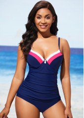 Navy Blue Contrast Stitch Decorative Button Tankini Set