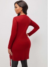 Red Quarter Zip Grommet Side Slit Blouse