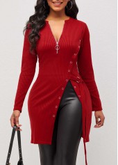 Red Quarter Zip Grommet Side Slit Blouse