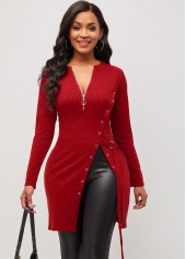 Red Quarter Zip Grommet Side Slit Blouse