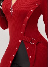 Red Quarter Zip Grommet Side Slit Blouse