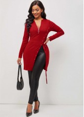 Red Quarter Zip Grommet Side Slit Blouse