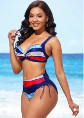 Color Block Drawstring Side Mid Waist Bikini Set
