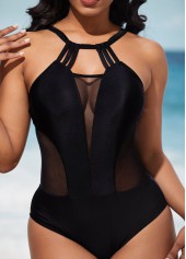 Mesh Stitching Black Tie Back One Piece Swimwear