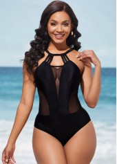 Mesh Stitching Black Tie Back One Piece Swimwear