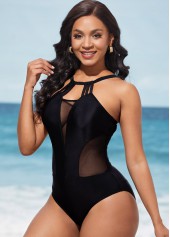 Mesh Stitching Black Tie Back One Piece Swimwear
