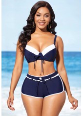 Drawstring Front Navy Blue Mid Waist Bikini Set