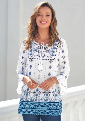 Tribal Print Lace Up White T Shirt