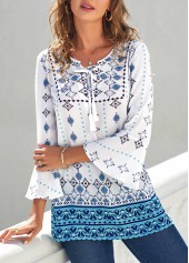 Tribal Print Lace Up White T Shirt