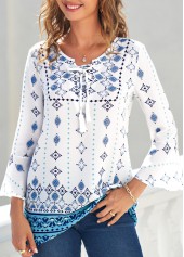 Tribal Print Lace Up White T Shirt