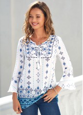 Tribal Print Lace Up White T Shirt