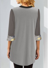 Floral Print Split Neck Grey Blouse